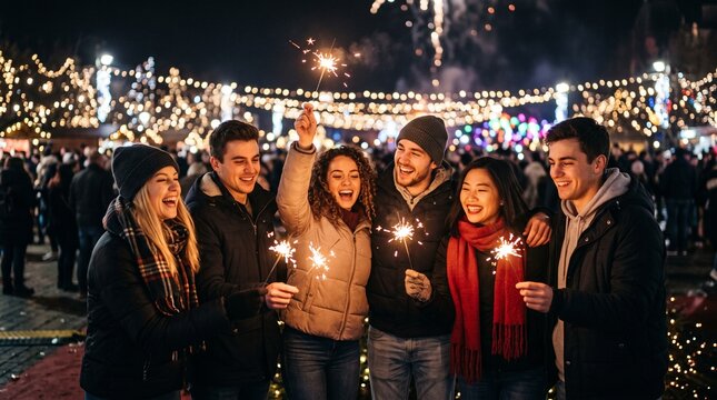 Group celebrating new year with sparklers in festive winter market