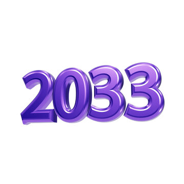 Shiny 3D numbers 2033 in glossy purple color isolated on a solid background, for new year, 2033 number 2033 isolated on a transparent background