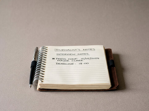 Journalist's Notes: A spiral-bound notebook, labeled Journalist's Notes and Interview Notes, lies open with handwritten entries about a mayor and a deadline, accompanied by a pen on a muted surface.