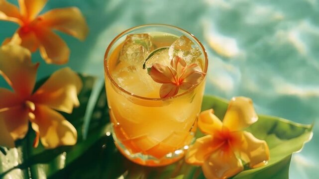 Tropical Cocktail with Ice and Lime on a Leaf at the Beach