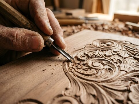 Closeup of a skilled artisan using a sharp wood carving gouge to create intricate floral patterns on a piece of natural walnut wood in a workshop