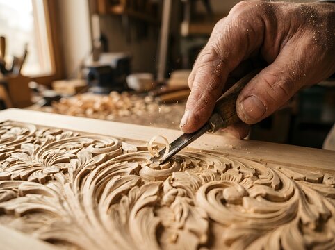 Closeup of a skilled artisan using a sharp chisel to carve intricate floral patterns into a piece of natural wood in a traditional workshop setting