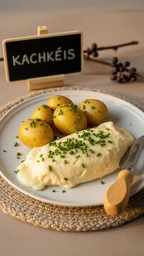 Silky Kachk&eacute;is cooked cheese with boiled potatoes and chive oil, featuring a chalkboard, wooden cheese knife, and a vine twig on a wool mat against a warm beige background with vast copy space.