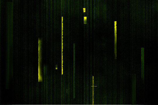 LCD screen glitch: vertical glitch overlay with lime green pixel sorting stripes on dark green static noise, corrupted video signal error lines, digital screen damage background