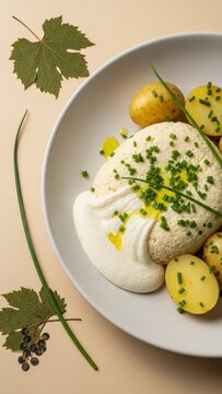 Silky Kachk&eacute;is cooked cheese with boiled potatoes and chive oil, featuring a dried chive and vine leaf print edge motif against a warm beige background with vast copy space.