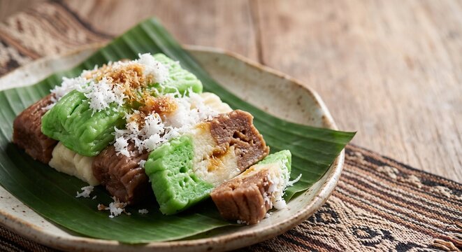 Traditional Javanese sweet snack getuk made from cassava topped with grated coconut and palm sugar