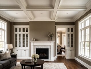 Obraz premium Elegant living room features white coffered ceiling, built-in cabinetry. Luxury interior with marble fireplace, dark wood floor, comfy sofa. Spacious residential space with large windows, stylish