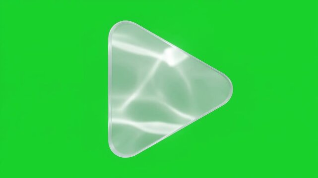 Glassmorphism play button icon with shimmering light on green screen