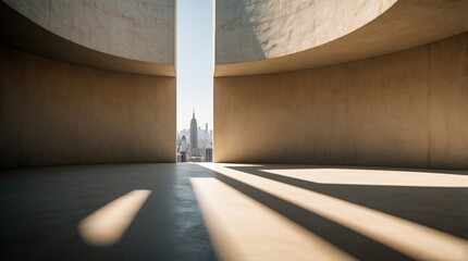 Fototapeta premium Minimalist concrete interior with empty circular room. Large geometric opening shows New York city skyline view. Natural sunlight creates long shadows on floor. Modern architecture design with urban