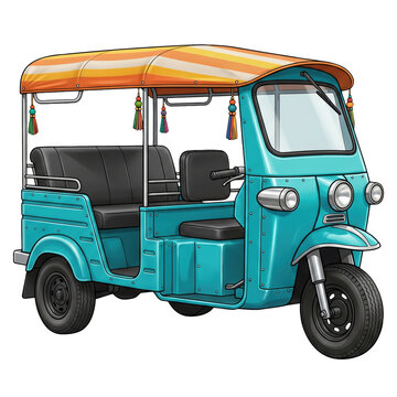 A bright blue motorized tuk-tuk auto rickshaw with an orange striped roof