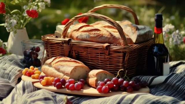 Picnic scene with artisan bread in a wicker basket and wine in a sunny garden