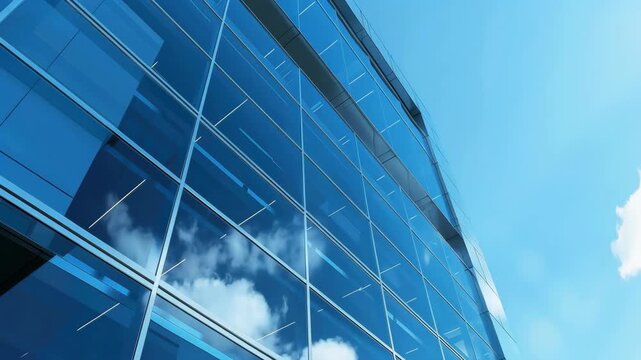 Modern Glass Building Facade with Reflective Blue Panels and Sky Reflection