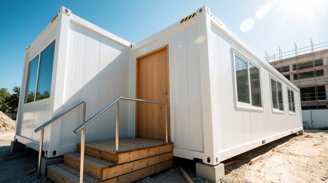 White modular office container building stands on construction site. Modern prefab unit with wooden door, metal stairs sits under bright sunlight. Portable cabin architecture provides temporary