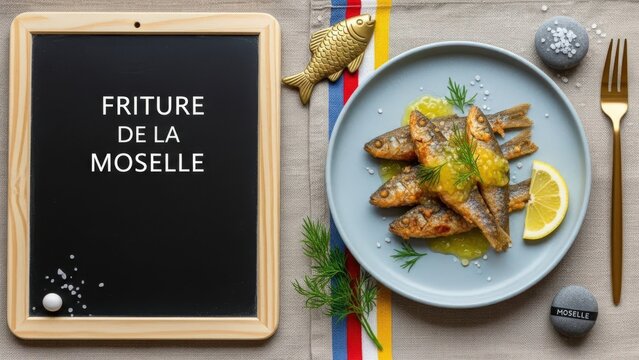 Crispy Friture de la Moselle fried small fish with lemon gel and dill, featuring a chalkboard, brass fish scaler, and river stone on a national color linen against a river-blue background 