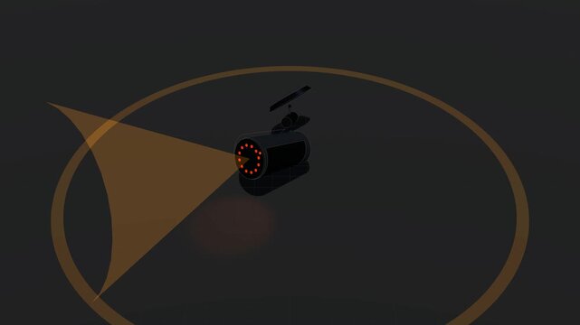 An isometric CAD-style 3D industrial CCTV camera boots up: the lens ring activates IR LEDs, the camera pans across the field of view, locks onto a target, triggers a conical scan beam payoff