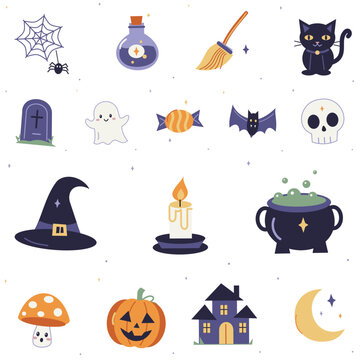 Twilight cute Halloween clipart set with pumpkins ghosts and witch acc