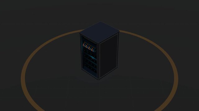 An isometric CAD-style 3D Networking Rack cabinet powers on: PDU switch depresses, patch panels, switches, and server blades boot sequentially with dynamic LED activity lights, culminating in a 4K 8-s