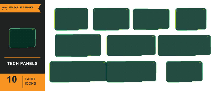 Modern tech panels with futuristic green interface elements and editable stroke for sci fi game ui design or futuristic applications.