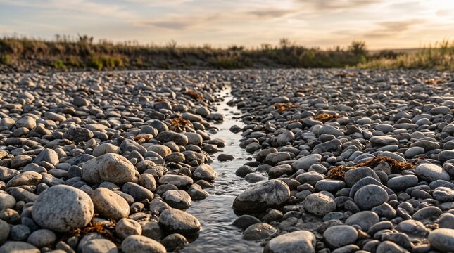 Exposed river stones beside a shrinking water seam