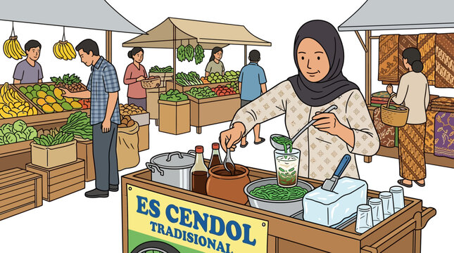 Traditional Indonesian market illustration featuring a woman in hijab selling Es Cendol street food at a busy marketplace