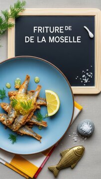 Crispy Friture de la Moselle fried small fish with lemon gel and dill, featuring a chalkboard, brass fish scaler, and river stone on a national color linen against a river-blue background 
