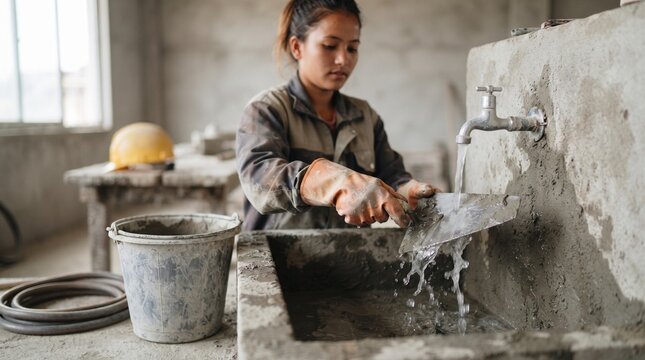 Construction apprentice cleans masonry tools after class