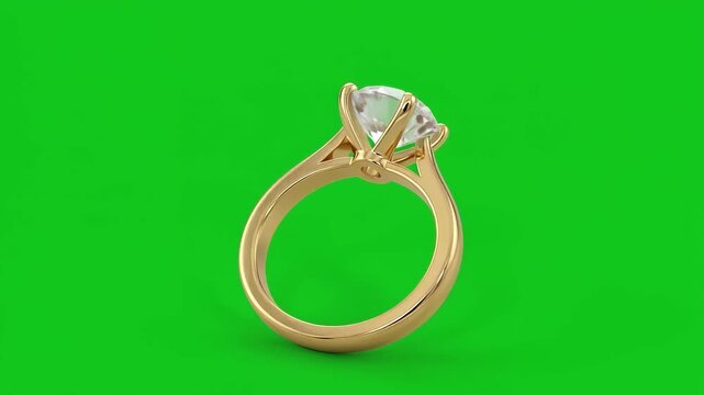 Gold engagement ring with sparkling diamond rotating on green screen