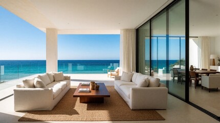 Fototapeta premium Luxury modern living room with large glass doors opens to sea view balcony. Minimalist interior features white sofas, wooden coffee table, beige rug. Bright sunny apartment with panoramic ocean view,