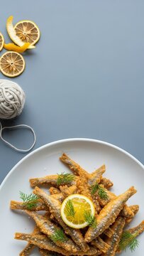 Crispy Friture de la Moselle fried small fish with lemon gel and dill, featuring a dried lemon peel and wool corner motif against a river-blue background with vast copy space.