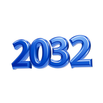 Vibrant blue 3D digits 2032 future year number typography isolated on solid black background, setup cobalt isolated on a transparent background