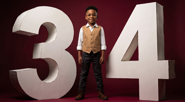 Young boy standing between large white numbers three and four, wearing a formal vest and glasses. Birthday celebration, childhood milestone, anniversary concept.