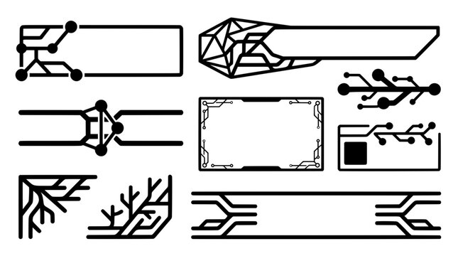 Set of circuit node lower third banner frames with handle label, donation nameplate and corner frame for gaming live stream design
