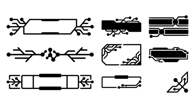 Set of minimalist circuit node lower third banner frames with dendrite network motif for clean tech live stream overlay design