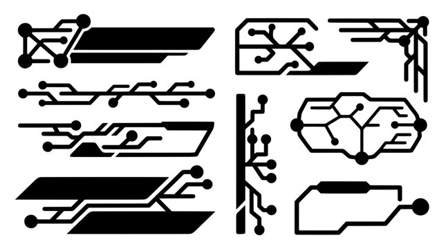 Set of circuit trace lower third banner frames with parallelogram shape and node network pathway for gaming live stream design