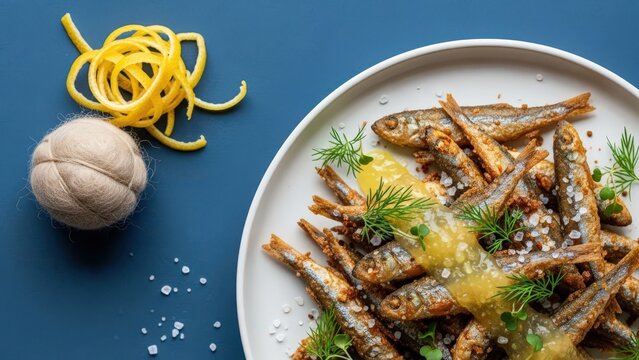 Crispy Friture de la Moselle fried small fish with lemon gel and dill, featuring a dried lemon peel and wool corner motif against a river-blue background with vast copy space.