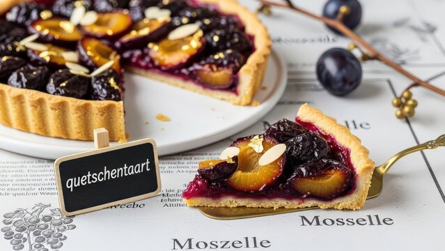 A slice of flaky Quetschentaart plum tart with almond cream and edible gold, featuring a miniature brass server, chalkboard, and vine twig on a Moselle vine print against a deep purple background 