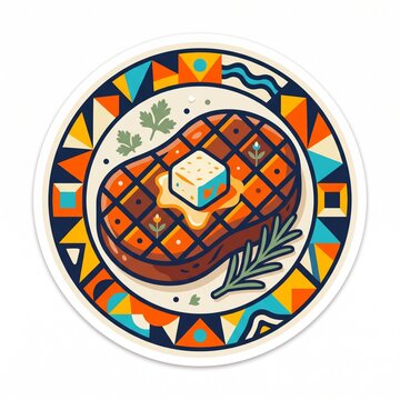 Flat vector illustration of grilled beef steak with melting butter sticker isolated on white background