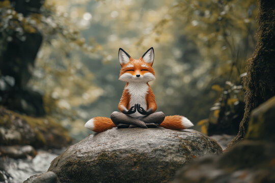 A serene red fox meditates on a rock in a misty forest.