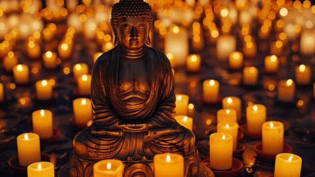 Golden Buddha Statue Meditating Amidst Glowing Votive Candles