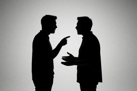 Two men silhouettes argue in dark room. Male coworkers fight debate during intense discussion. One person points finger man uses hand gestures to explain. Conflict, disagreement, tension between