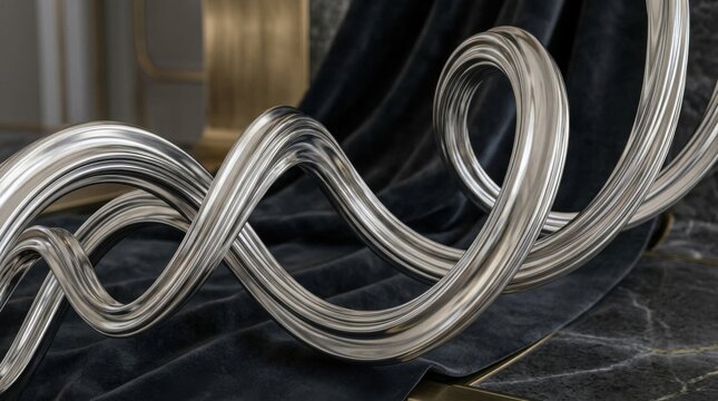 Polished Silver Twisted Metal Abstract Sculpture on Velvet and Marble