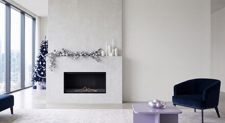 Obraz premium Modern minimalist living room with white fireplace and blue velvet armchair, decorated with silver ornaments and winter tree. Interior design, luxury lifestyle, seasonal decor.
