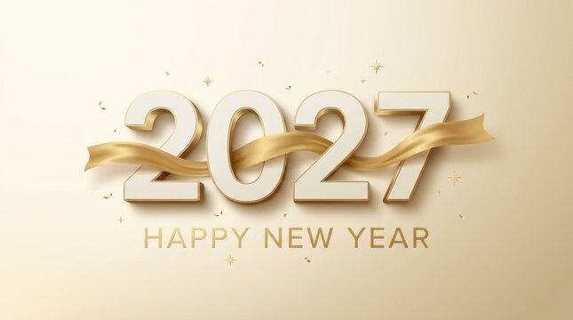 Gold happy new year 2027 elegant greeting card with 3d numbers and flowing silk ribbon decoration on clean cream background for premium festive celebration invitation social media banner web display.