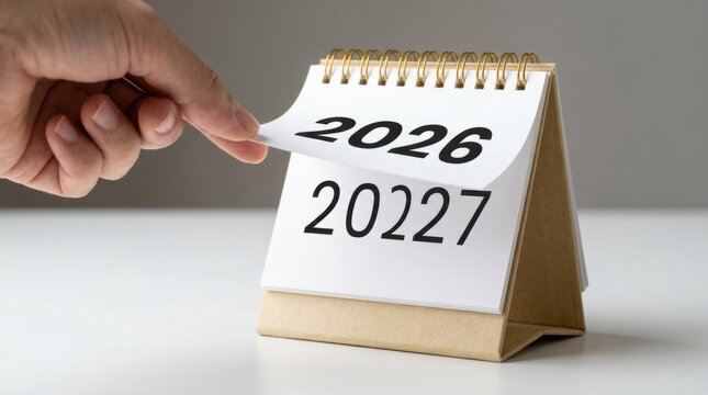 Turning the page from 2026 to 2027 &ndash; New Year calendar concept with hand and desk flip calendar