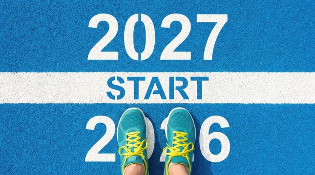 Athletic Running Shoes On Blue Track Line Ready To Start Transition From 2026 To 2027