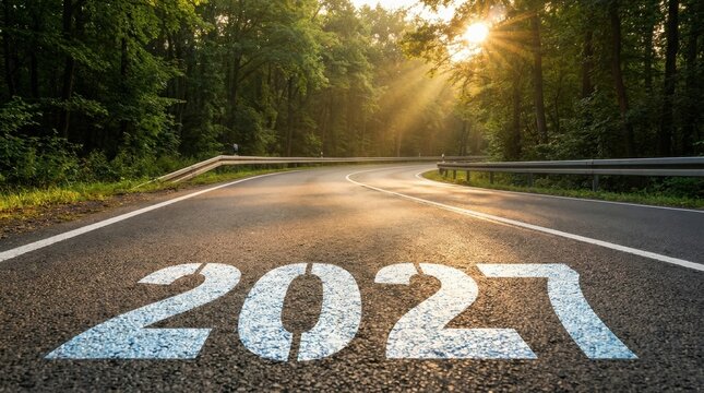 Vision 2027 on asphalt road ground. Business Target for 2027, Financial Goals and Business Strategy, Planning and Investment, not ai