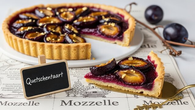 A slice of flaky Quetschentaart plum tart with almond cream and edible gold, featuring a miniature brass server, chalkboard, and vine twig on a Moselle vine print against a deep purple background 