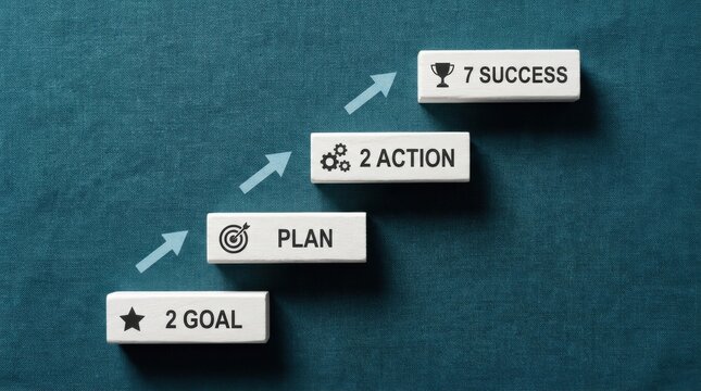 Business strategy steps for 2027 success, wooden blocks showing goal plan action and success, corporate growth concept isolated on White Background