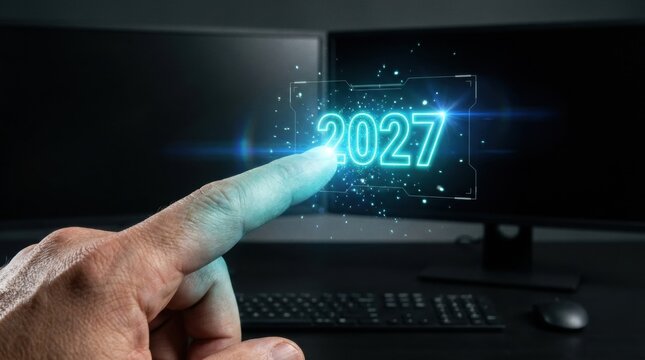 Futuristic interface with the year 2027 glowing in bright cyan numbers as a persons finger points towards it