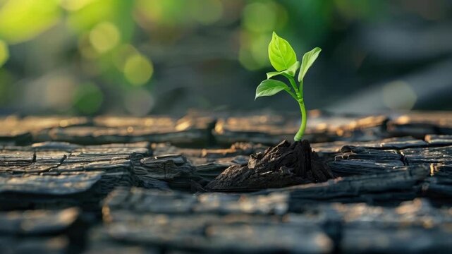 Small green sprout growing from a charred tree stump